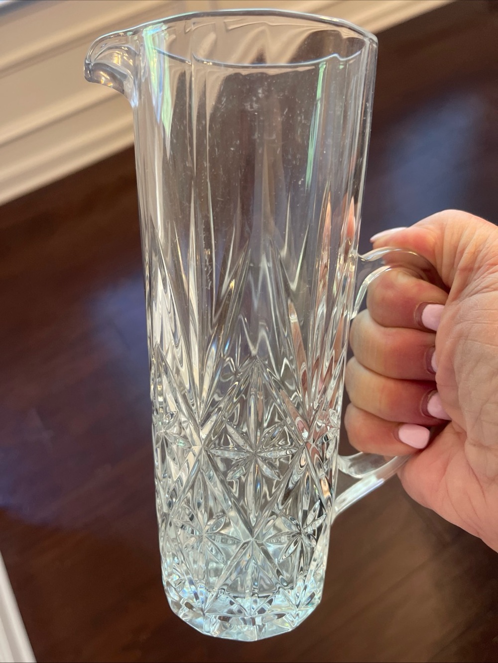 Tall Cut-Glass Crystal-Style Pitcher with Handle